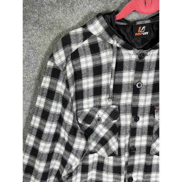 Amplify Lightweight Hooded Button Up Flannel Shirt Mens Large‎ Long Sleeve Black - Picture 5 of 15
